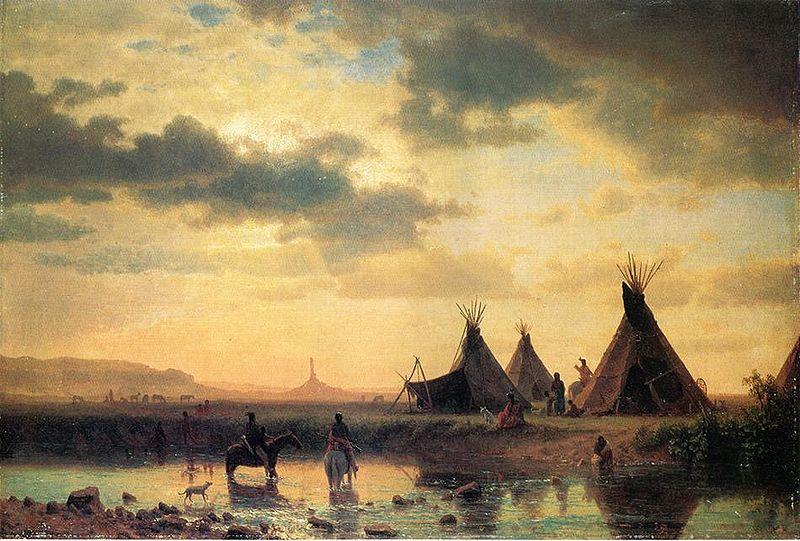 Albert Bierstadt View of Chimney Rock, Ogalillalh Sioux Village in Foreground